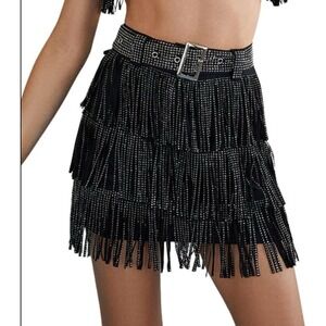 Women's Skirt Sz XL Fringe Rhinestone Prep Cottage Black Short Whimsigoth Emo